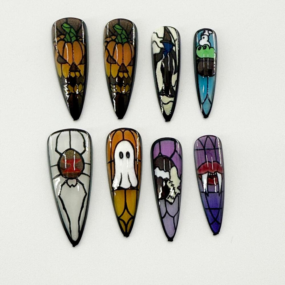 Stained Glass Halloween Press On Nails, Ghost Pumpkin Nail Art, Spooky Fake Nail